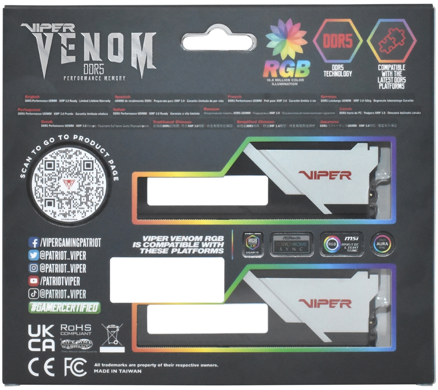 Модуль пам`яті DDR5 2x32GB/6000 Patriot Viper Venom RGB (PVVR564G600C36K) Модуль пам`яті DDR5 2x32GB/6000 Patriot Viper Venom RGB (PVVR564G600C36K)