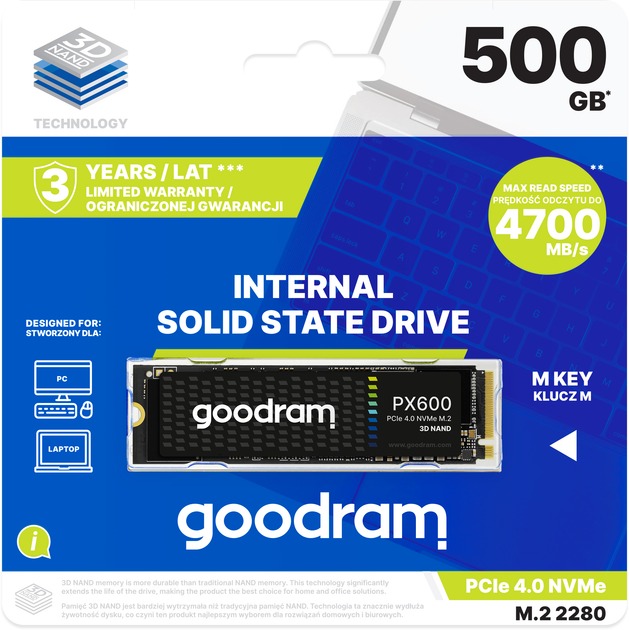 Накопичувач SSD 500GB Goodram PX600 M.2 2280 PCIe 4.0 x4 NVMe 3D NAND (SSDPR-PX600-500-80) Накопичувач SSD 500GB Goodram PX600 M.2 2280 PCIe 4.0 x4 NVMe 3D NAND (SSDPR-PX600-500-80)