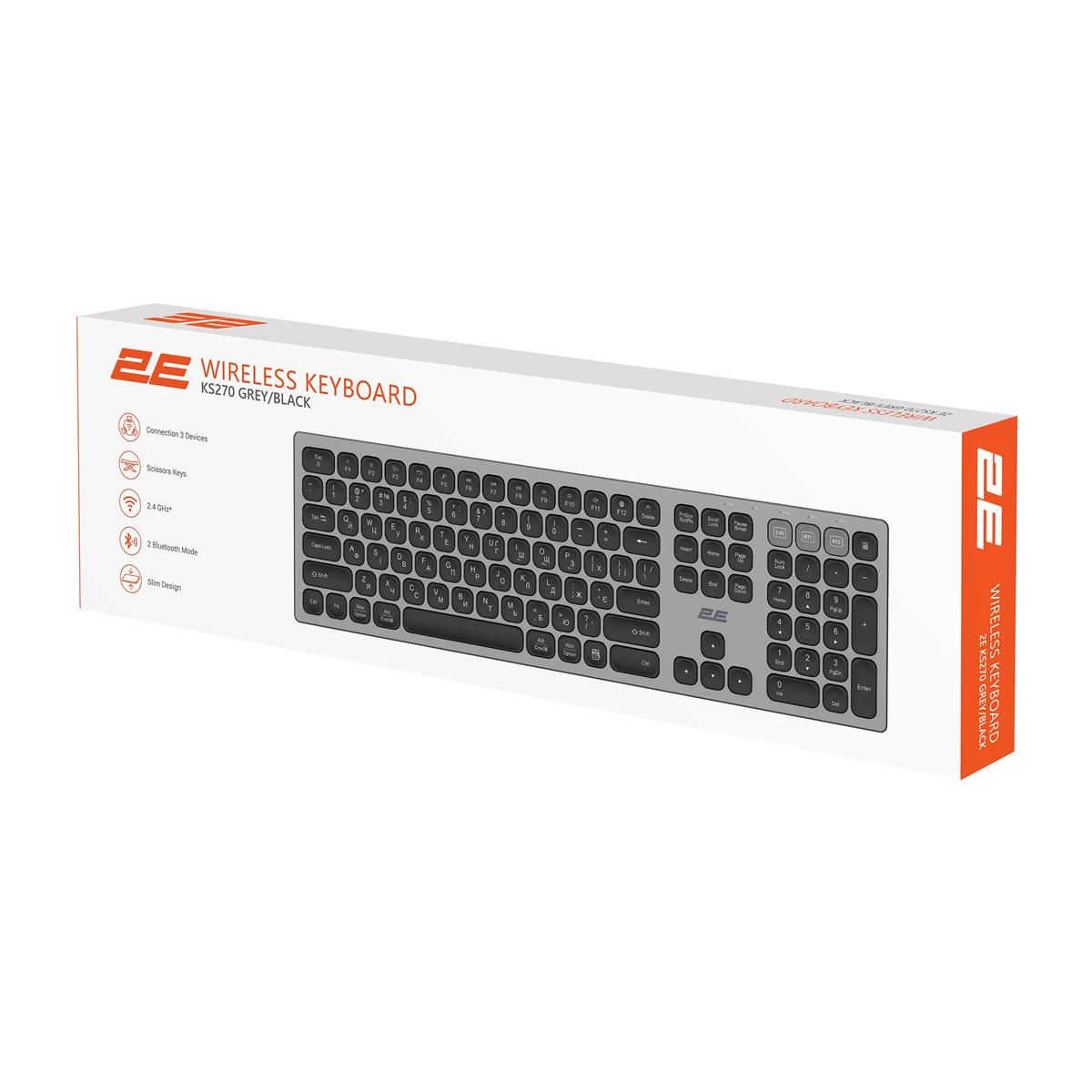 Клавіатура бездротова 2E KS270 WL/BT EN/UKR Grey/Black (2E-KS270WBGR_UA) Клавіатура бездротова 2E KS270 WL/BT EN/UKR Grey/Black (2E-KS270WBGR_UA)
